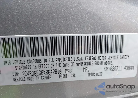 2019 Dodge Grand Caravan Gt из США, поврежденный, VIN 2C4RDGEG6KR642810